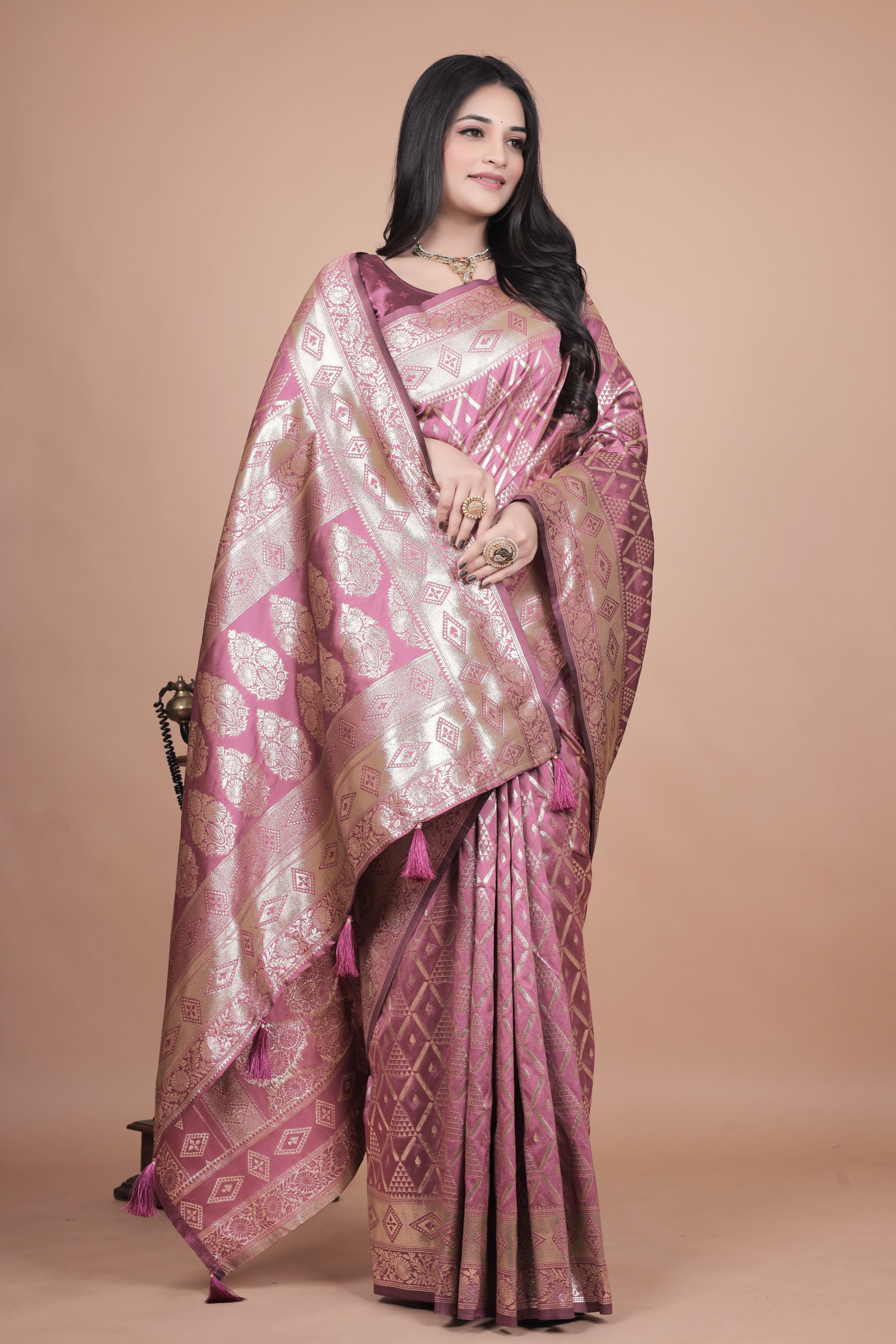 Mauve Banarasi Silk Saree with Silver Zari Elegance With 4 color option